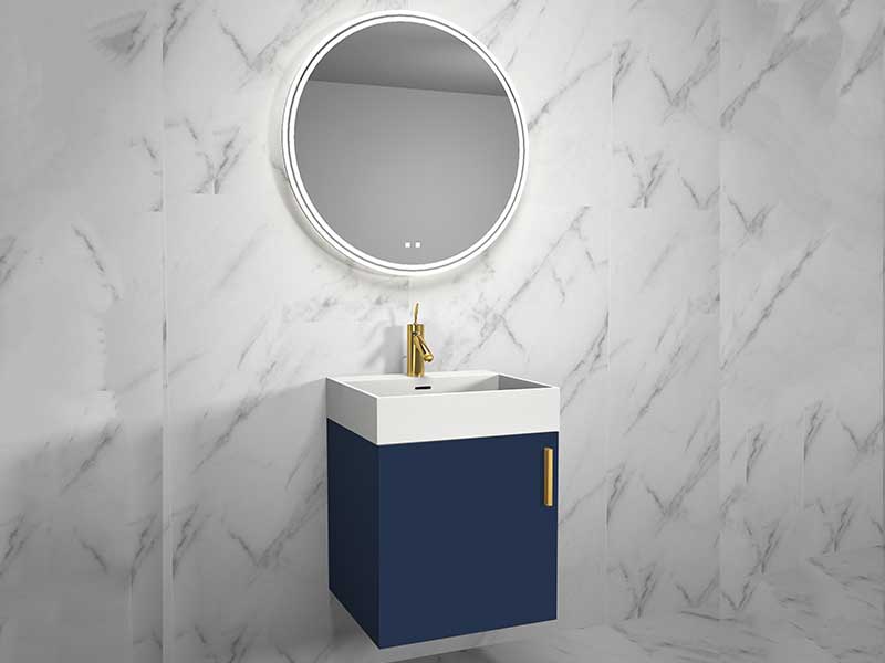 compact 20 inch vanity in sapphire blue with satin brass handle and lighted mirror