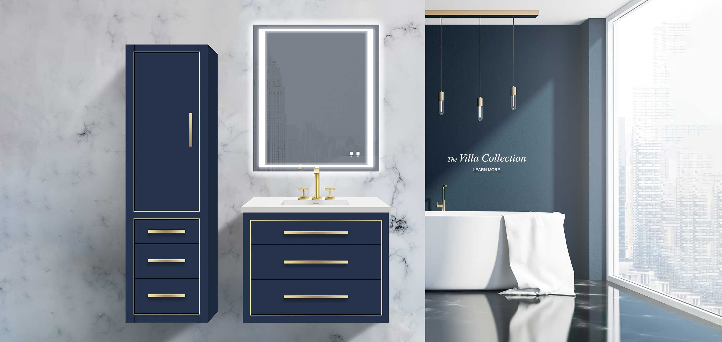 Villa 30 inch vanity and linen cabinet, both in sapphire blue and satin brass handles