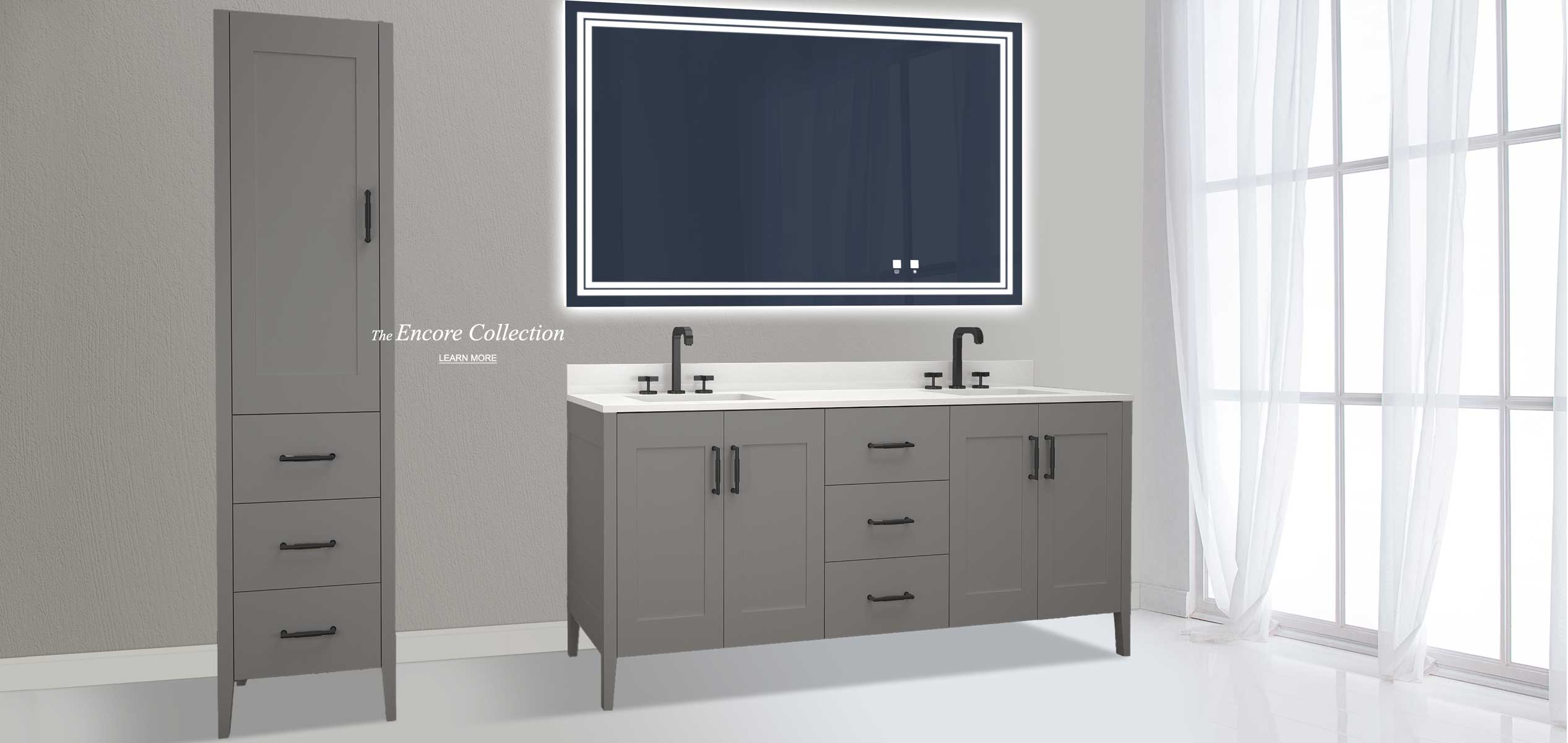Encore 72 inch double bowl vanity and linen cabinet in Studio Grey finish and slique lighted mirror