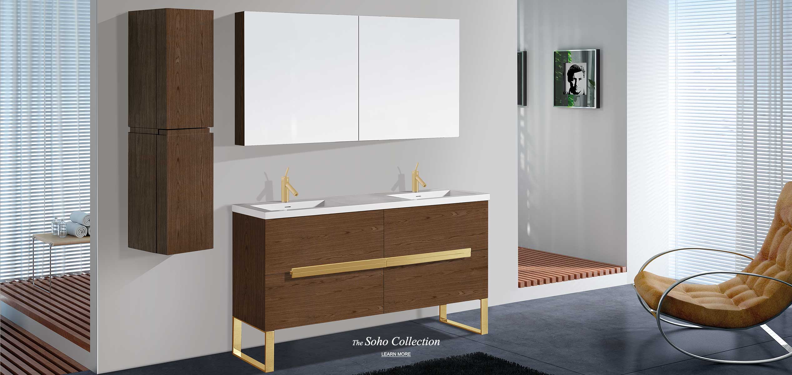 Soho 60 inch double bowl vanity and linen cabinet with satin brass hardware and matching medicine cabinet