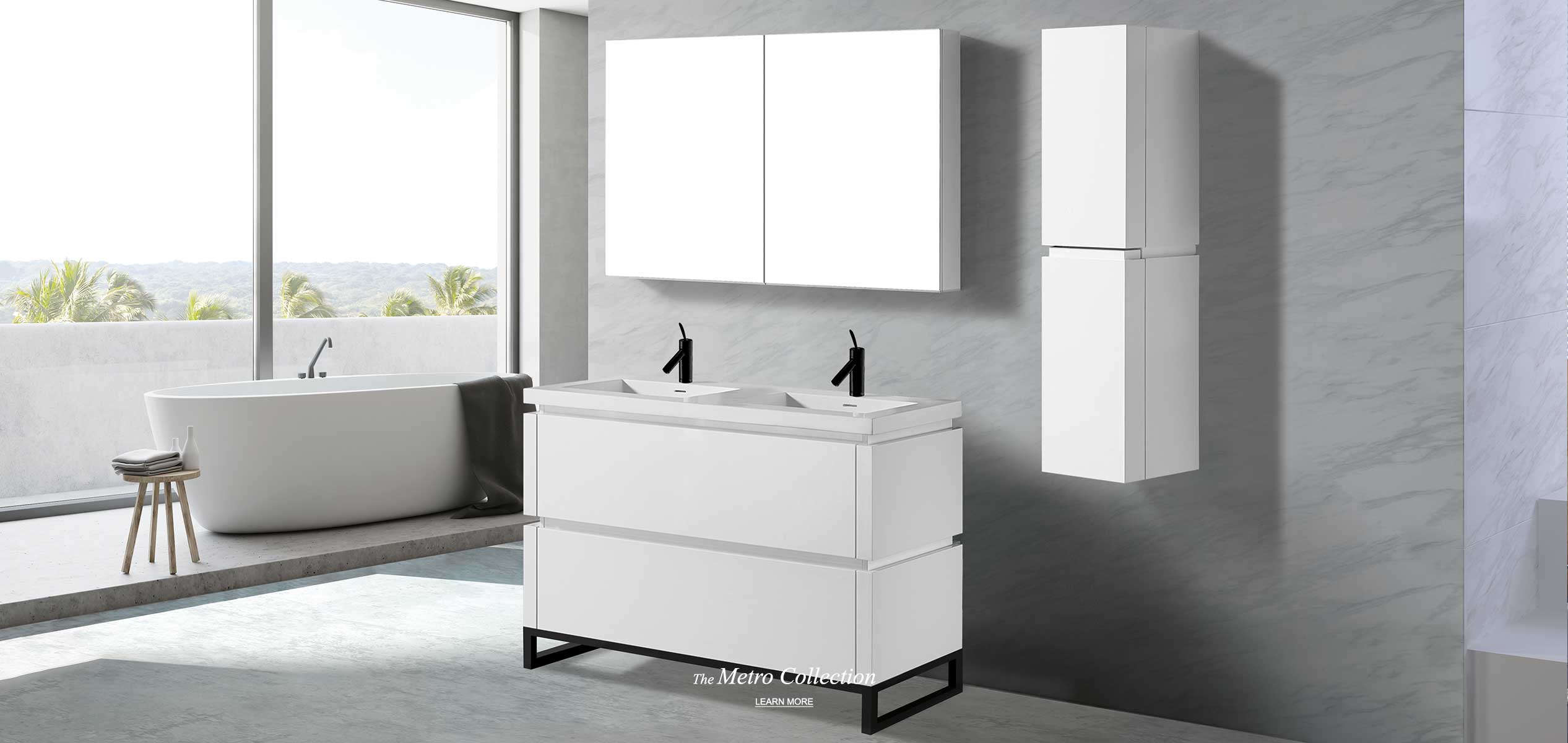Metro 48 inch double bowl vanity and linen cabinet in white with matching medicine cabinet